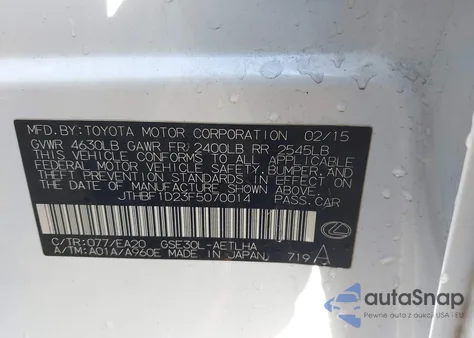 2015 Lexus Is 250 z USA, uszkodzony, nr VIN JTHBF1D23F5070014